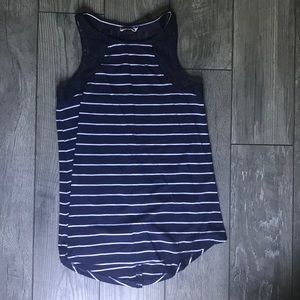 Navy Blue White Striped Flowing Lace Trim Tank Top